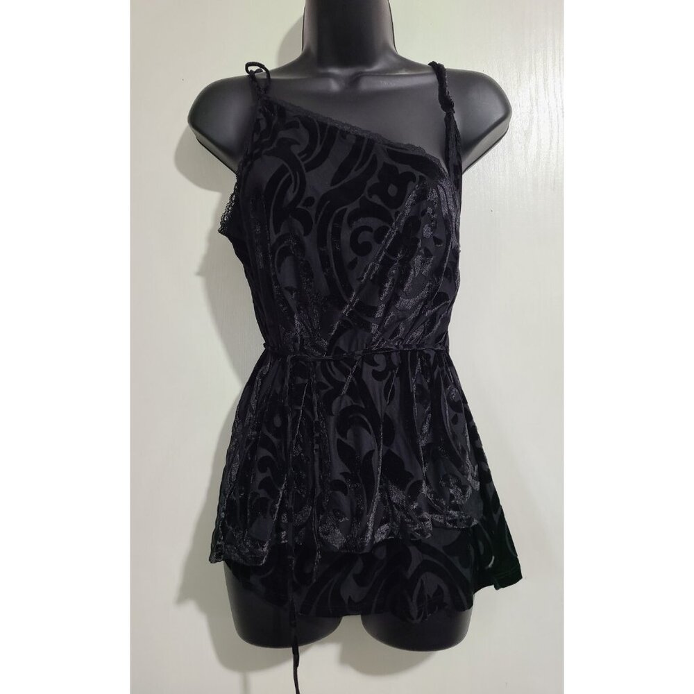 BKE Boutique Top Wrap Waist Tie Black Gothic Velvet Satin Sheer Size L